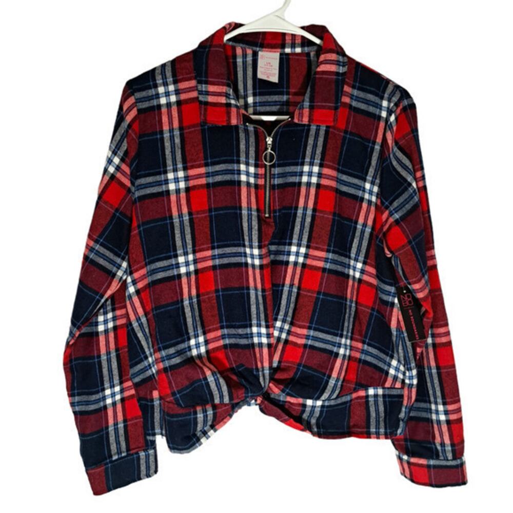 No Boundaries Long Sleeve Quarter Zip up Flannel Shirt Black Plaid Sz L/G 11-13